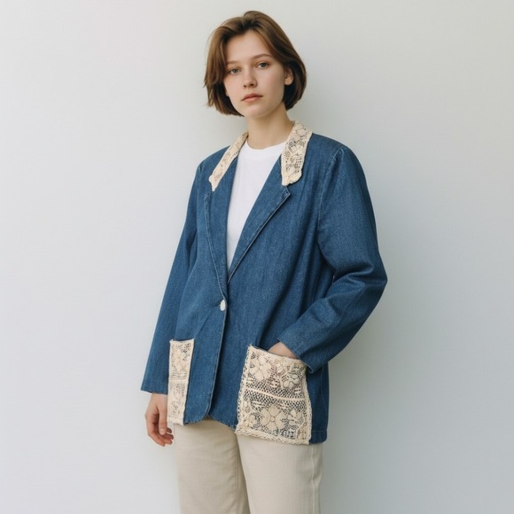 Vtg Blue Denim Jacket Blazer Women's Medium Grannycore Crochet Lace Button